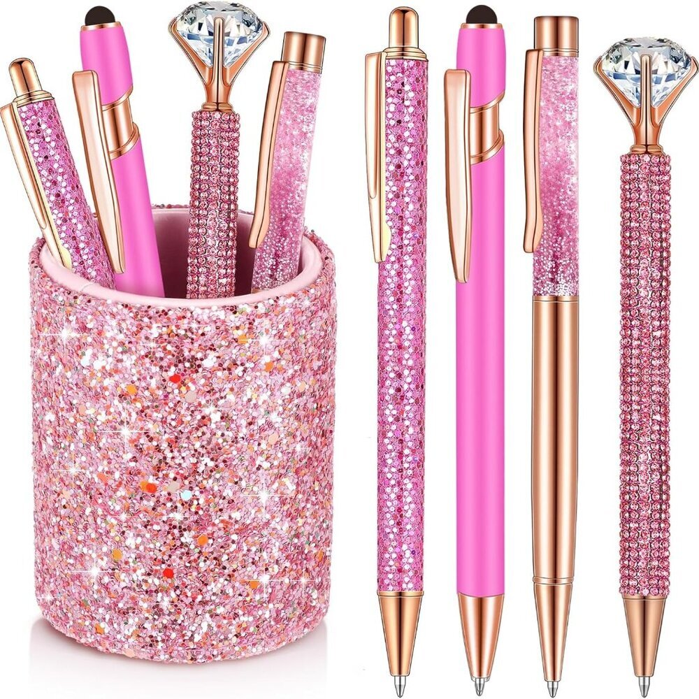 8 Pcs Ballpoint Pens with Pen Holder for Desk Glitter Crystal Diamond Fancy Penc